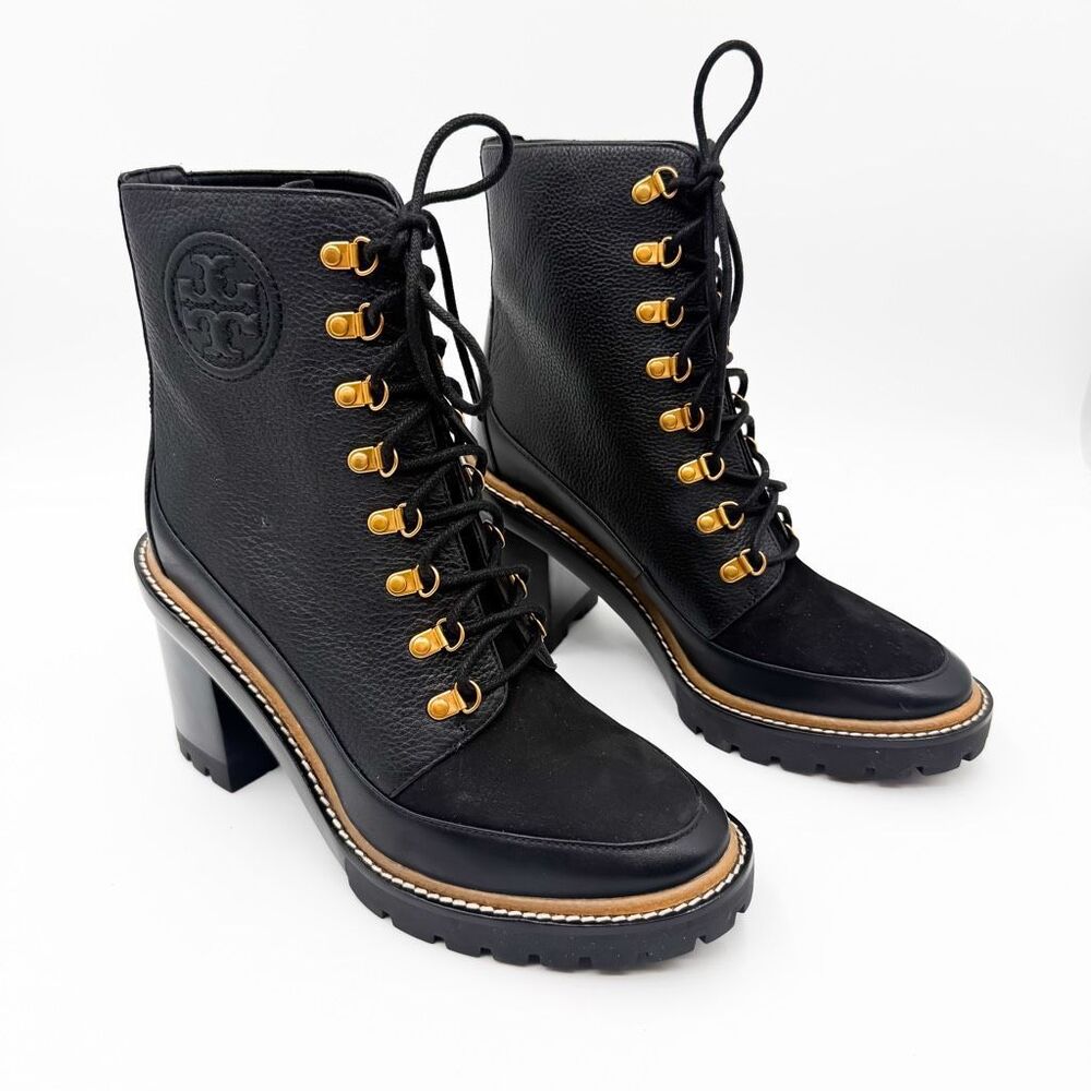 Tory Burch Miller Leather Lace Up Boots Lug Sole Black Leather Size 10